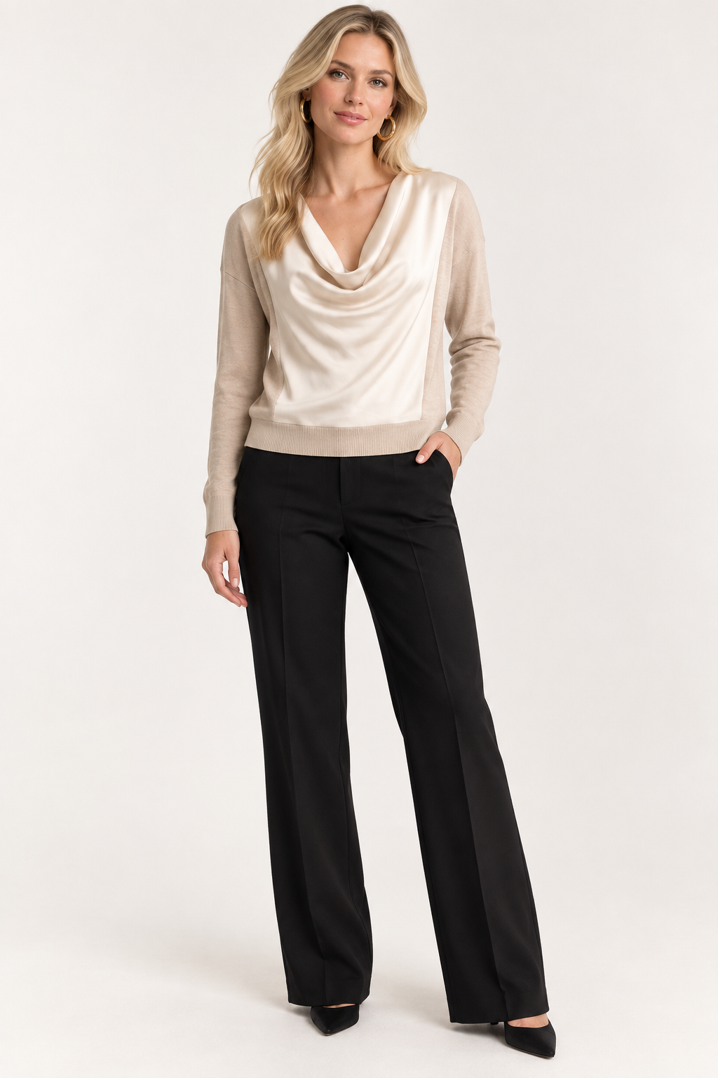Draped Neck Mixed Media Sweater
