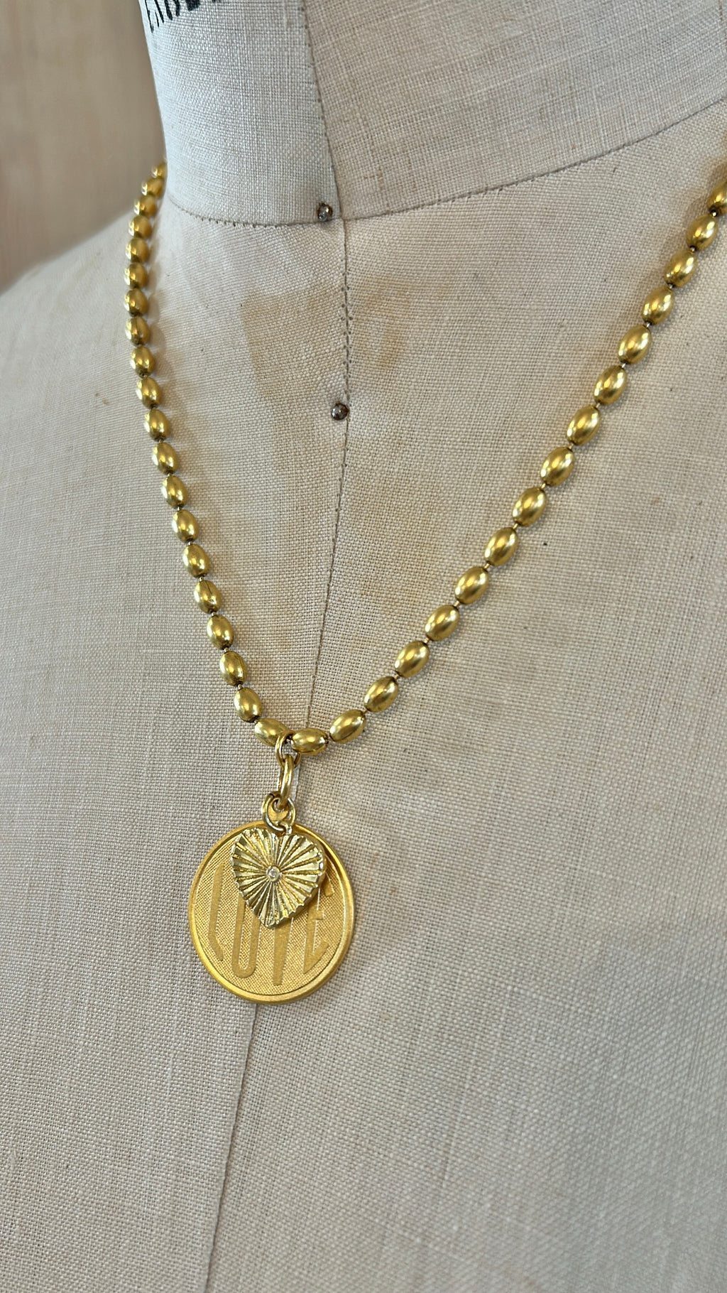 Gold Rice Beaded Chain with small heart & Love Pendant 107