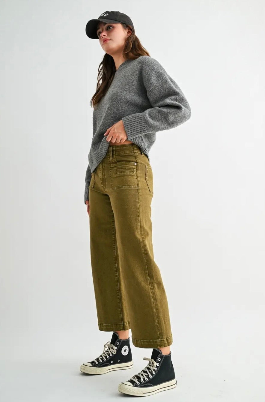 High Rise Wide Crop Patch Pocket Jeans