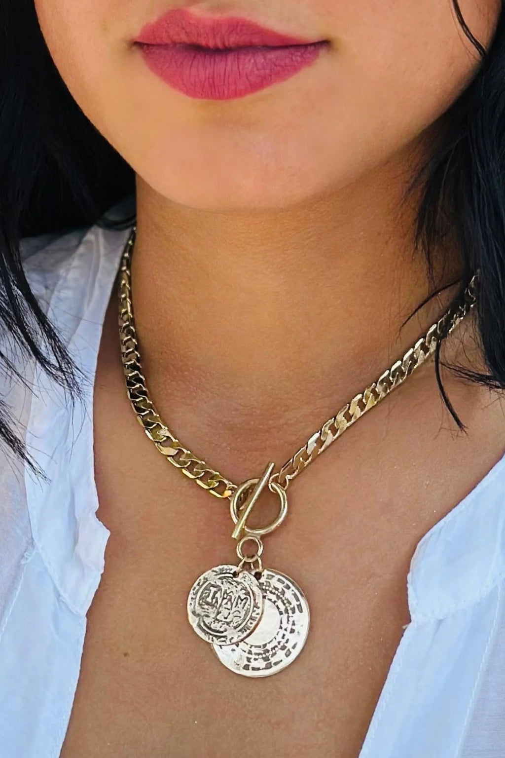 Double Coin Curb Chain Necklace