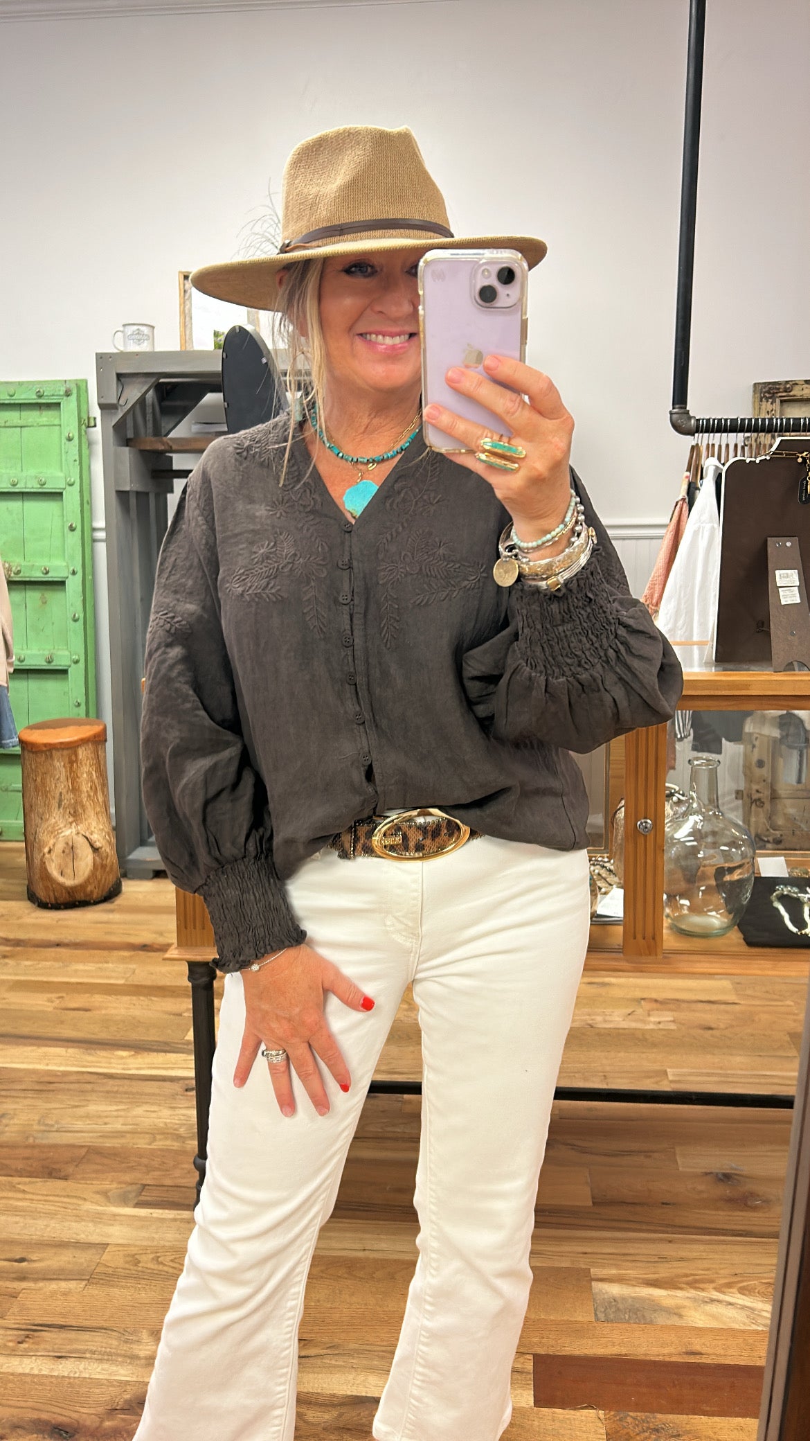 Embroidery Smocked Cuff, Button-Down, Long Sleeve, Linen Top