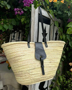 French Market Beach Basket With Black Leather