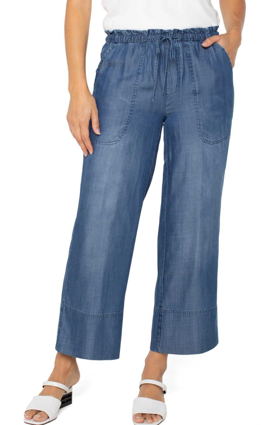 Pull on waist wide leg ankle pant