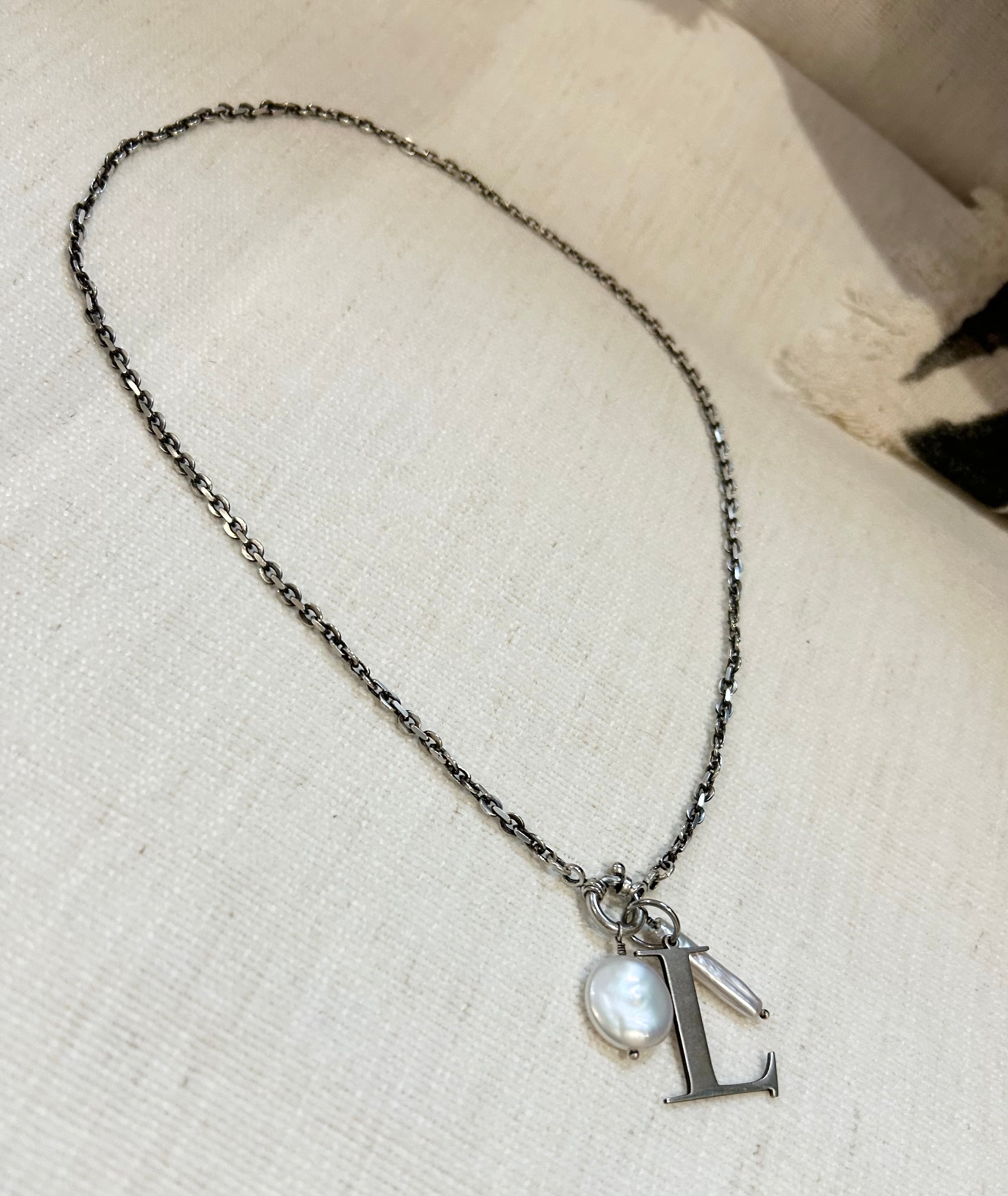 Sterling Initial Letter Necklace with Freshwater Pearls