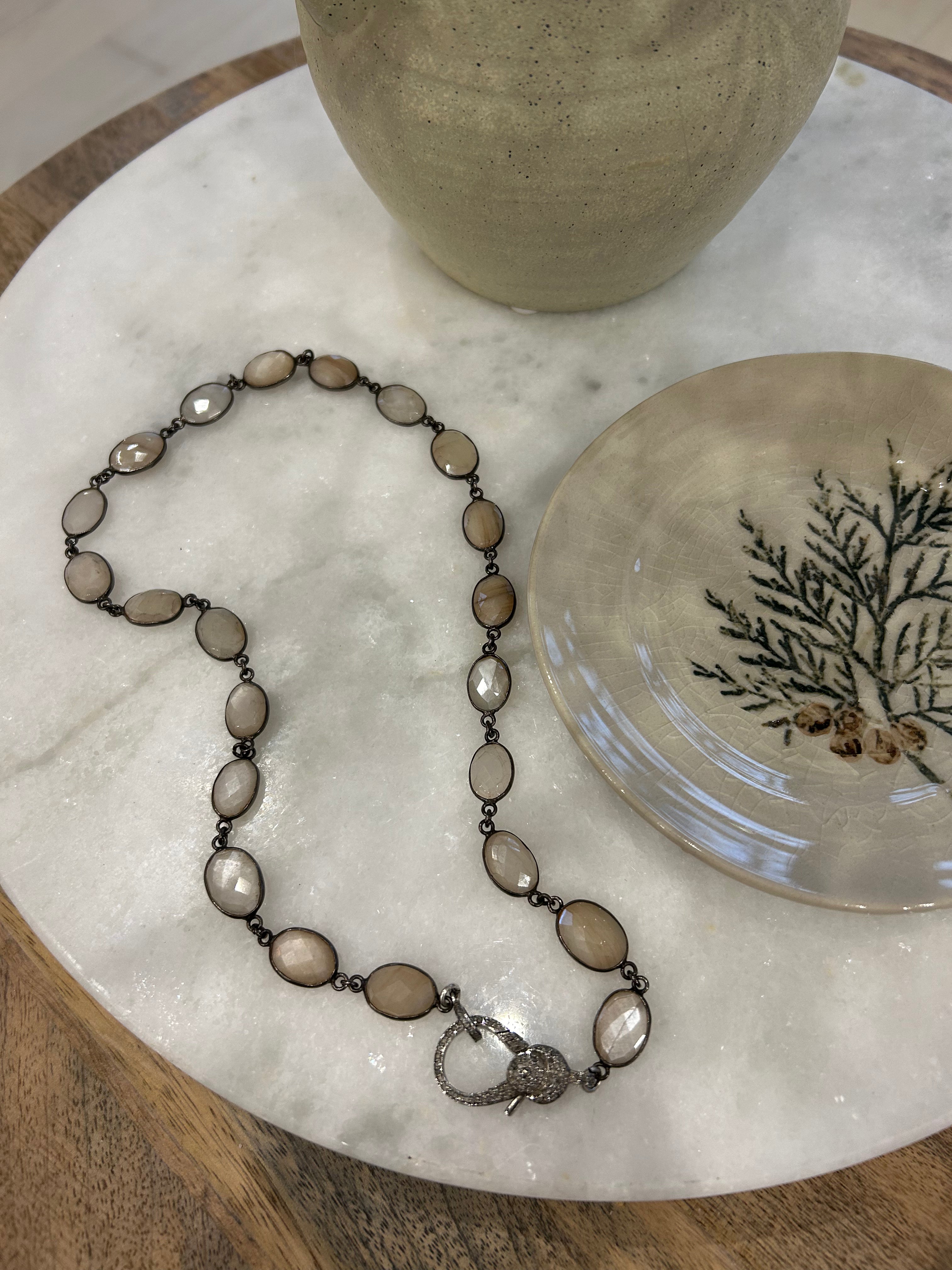 Moonstone Necklace with Pave Diamond Lobster Clasp