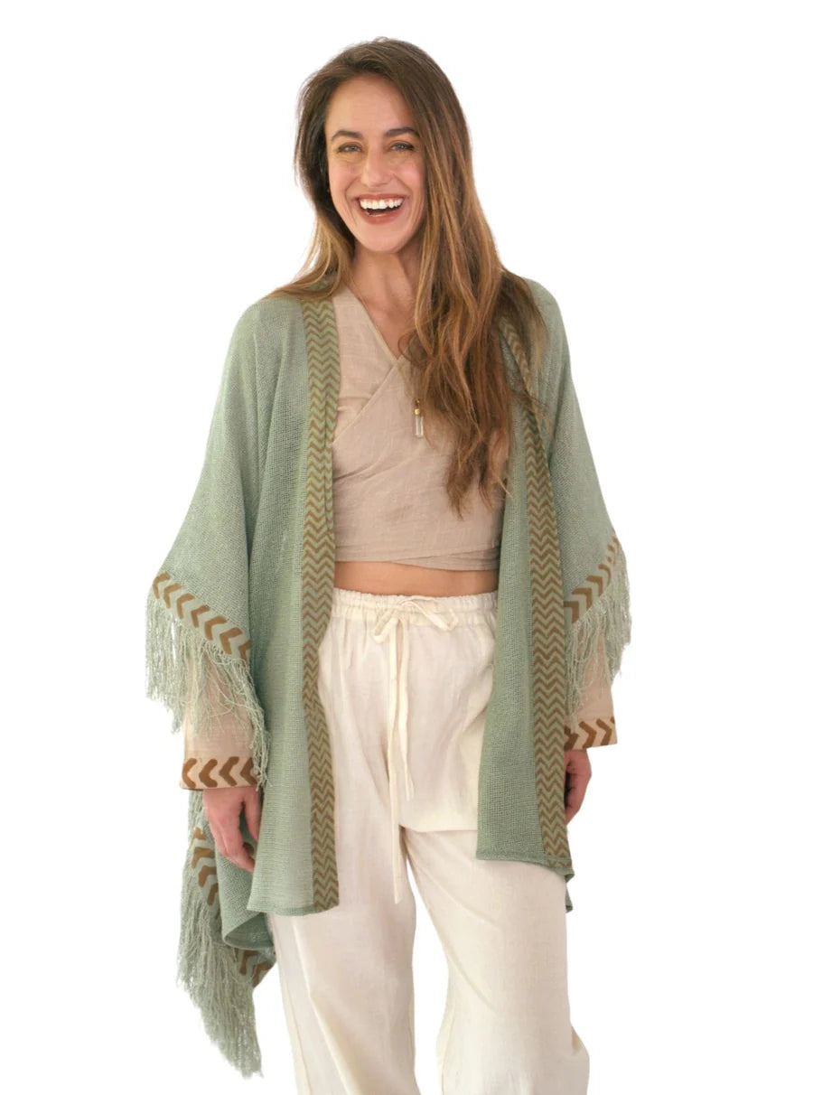 Green Sage Mesh Open Poncho With Fringe