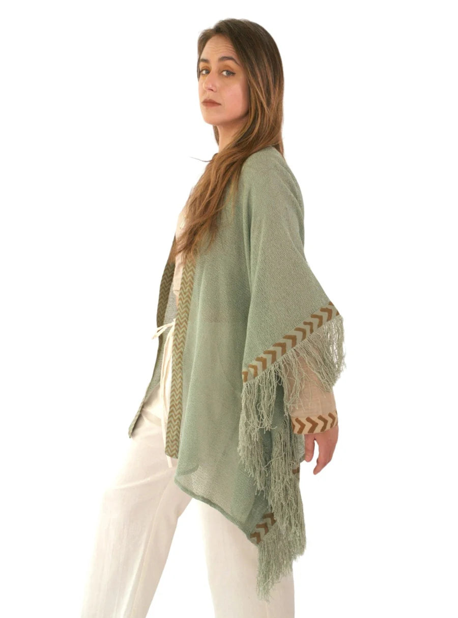 Green Sage Mesh Open Poncho With Fringe