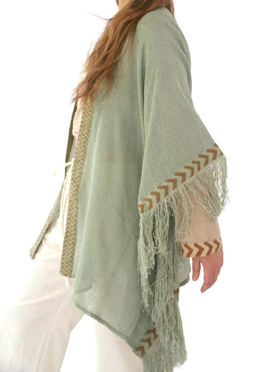 Green Sage Mesh Open Poncho With Fringe