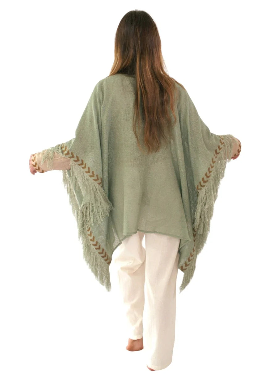 Green Sage Mesh Open Poncho With Fringe
