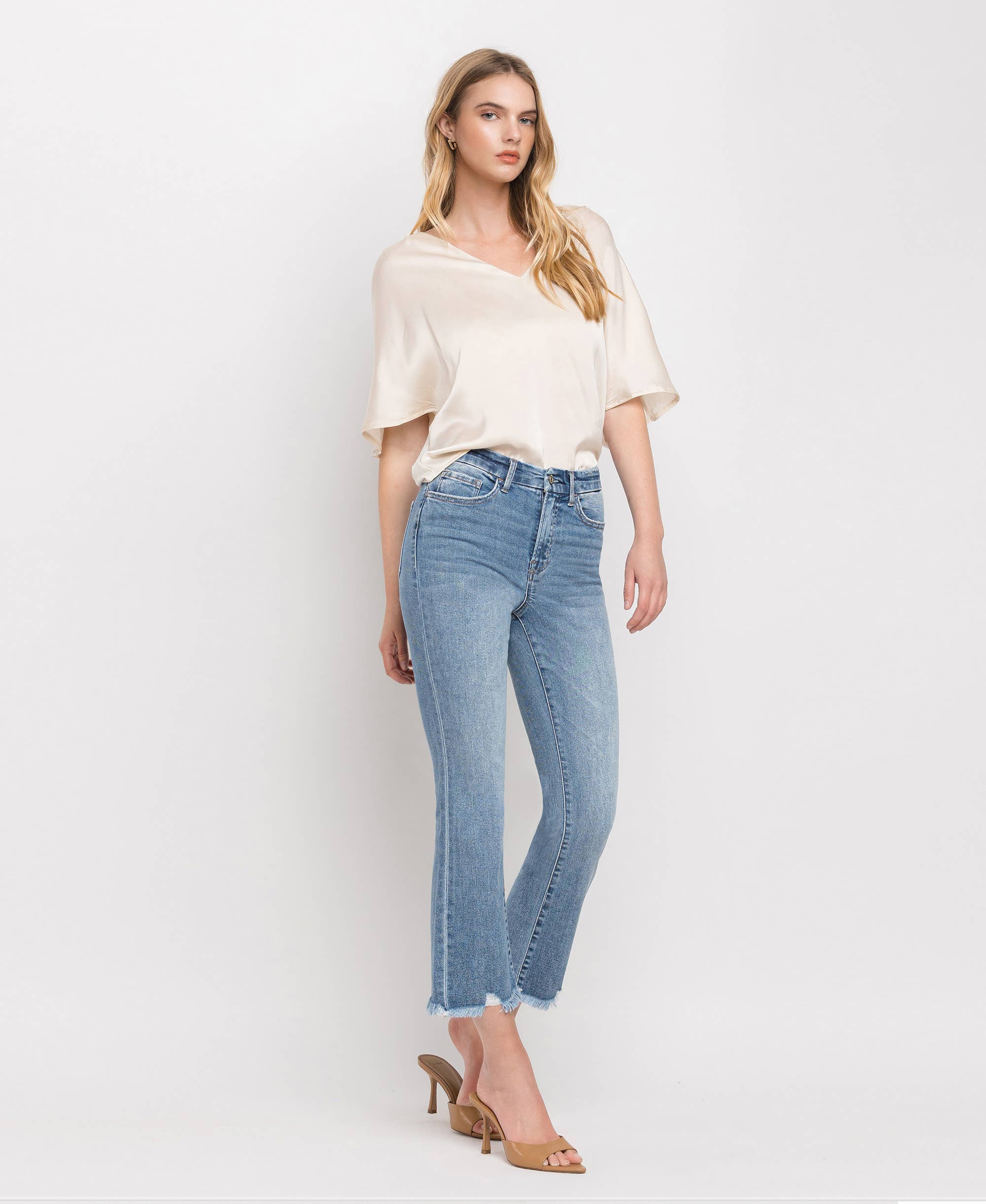 HIGH RISE FRAYED HEM CROP FLARE JEANS MERCIFUL