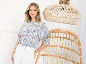White Stripe Embroidered Top with Ruffle Elbow