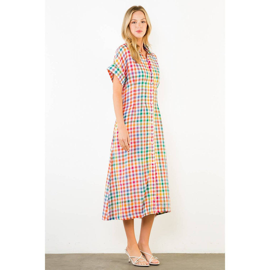 Short Sleeve Plaid Button Down Dress
