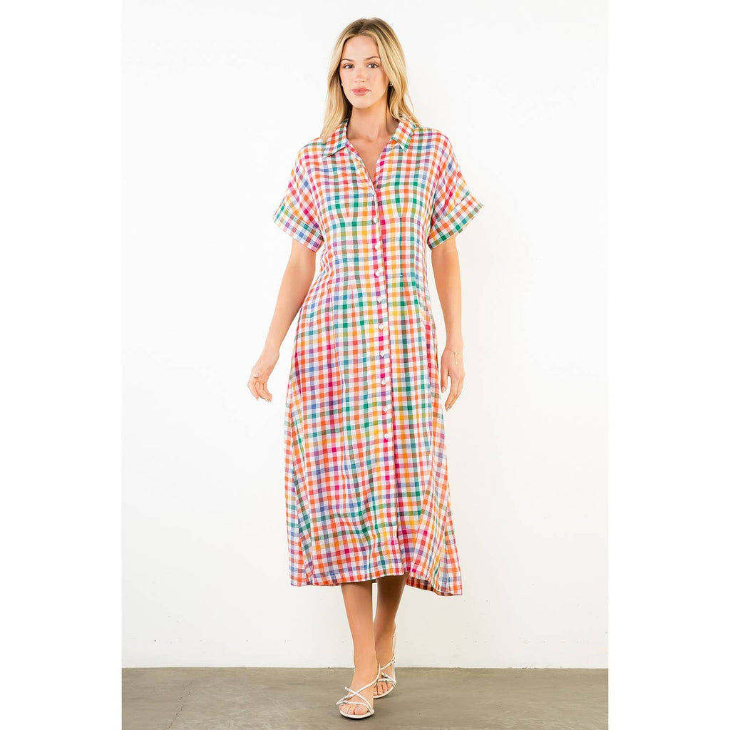 Short Sleeve Plaid Button Down Dress