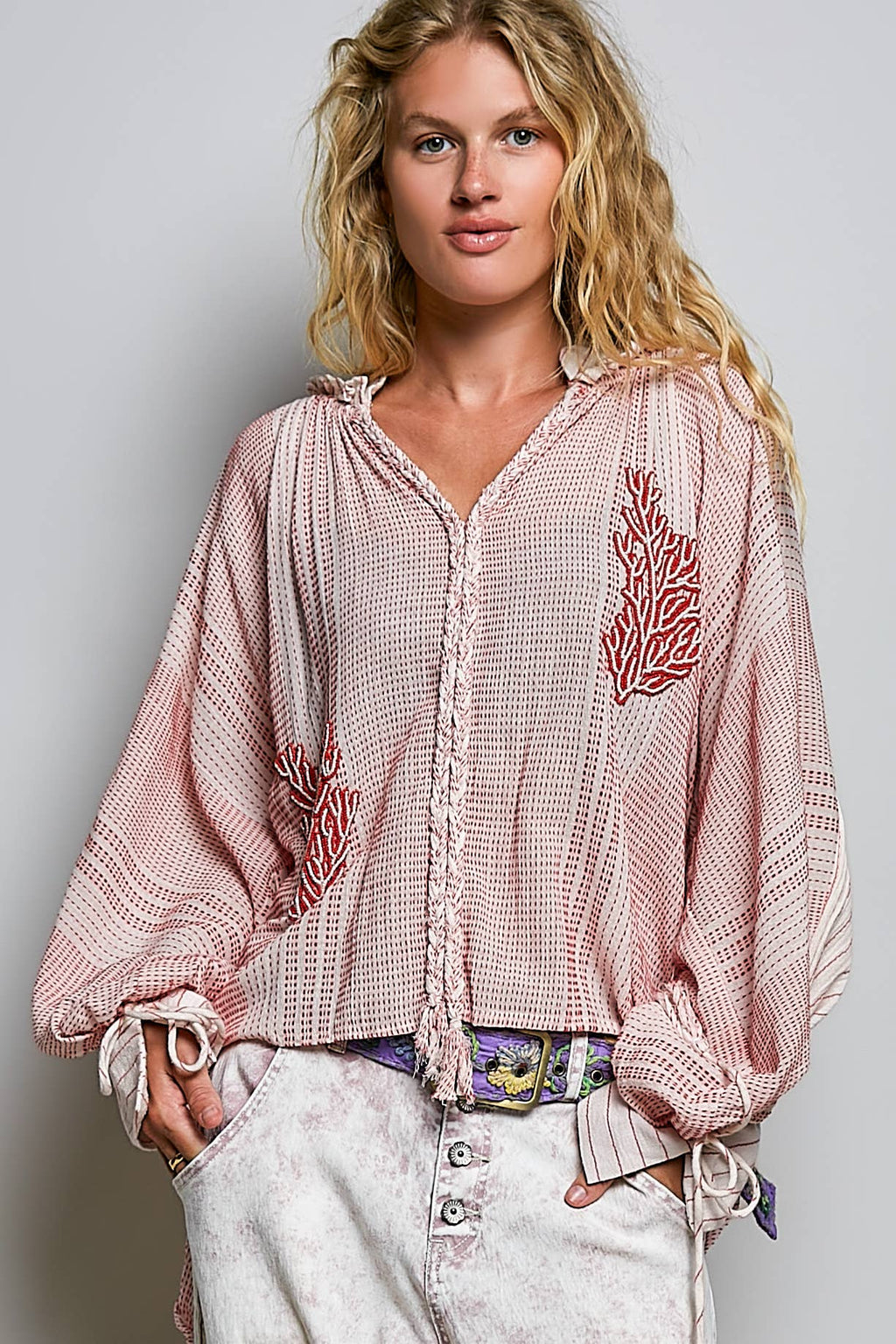 Coral Beading Bold Embroidery Tassel Tie Sleeve Woven Top