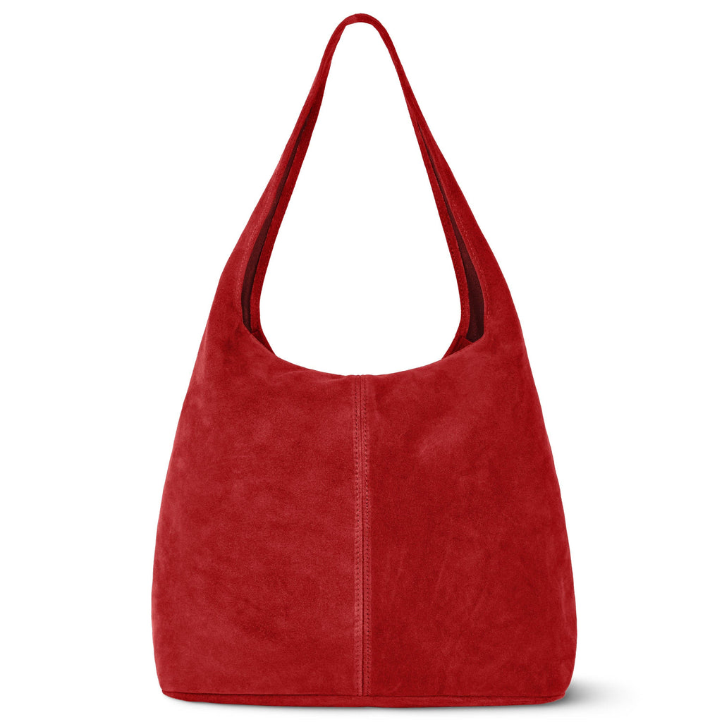 Suede Leather Hobo Bag Red Suede