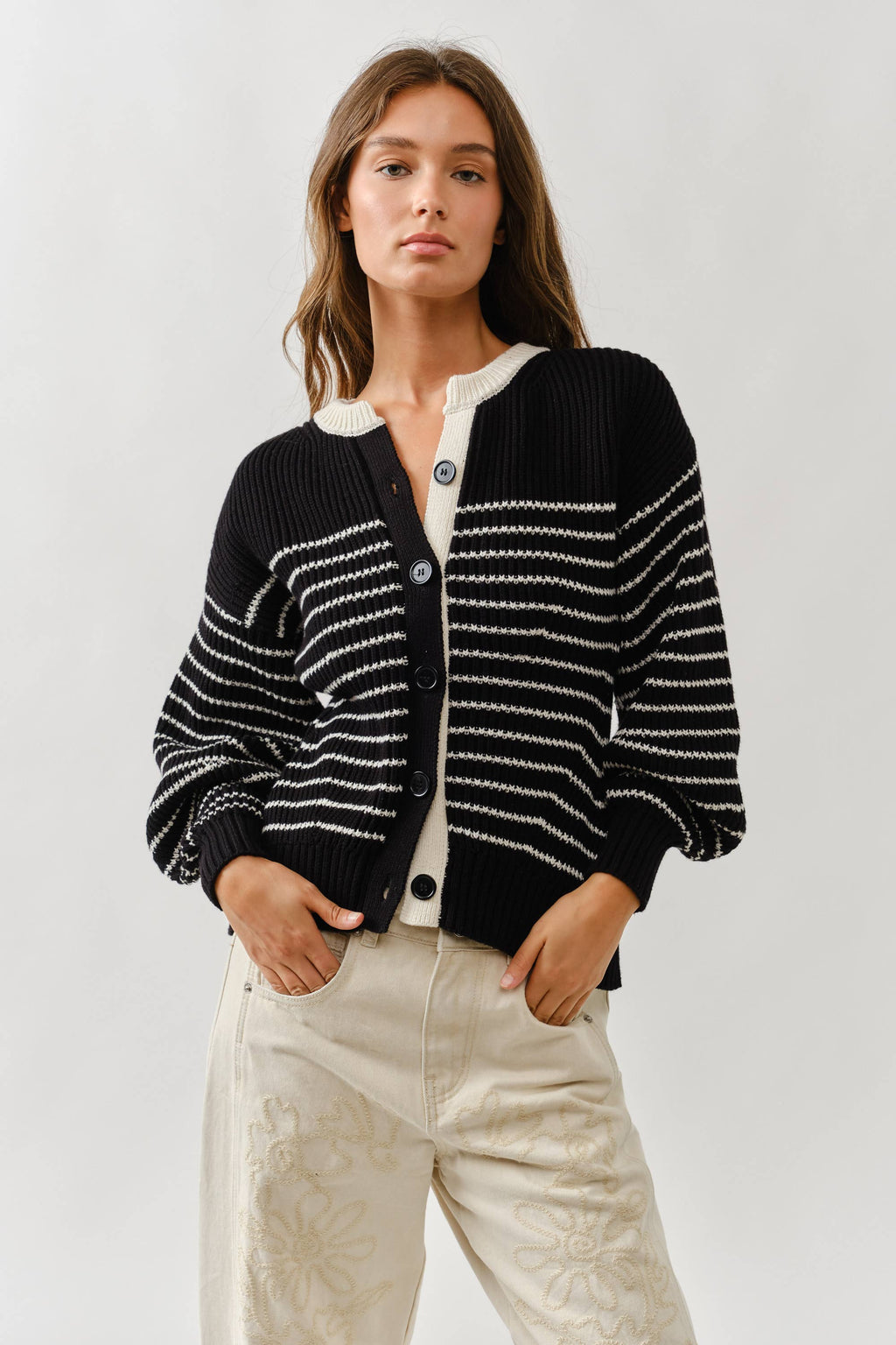 Voluminous Sleeve Stripe Cardigan