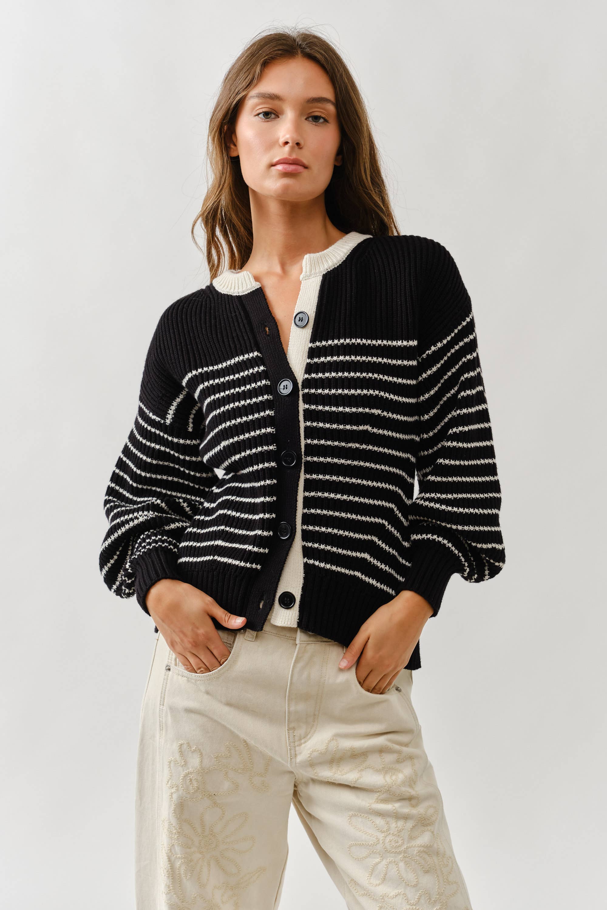 Voluminous Sleeve Stripe Cardigan