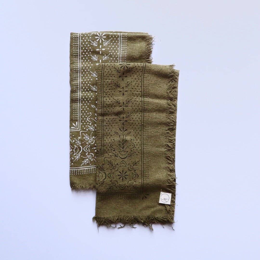 Olive Green Classic print Naturally Dyed Bandana (White ink) G5