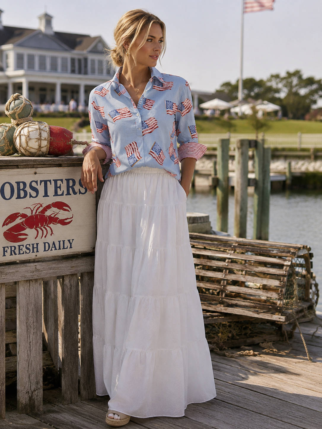 3/4 Sleeve Cotton Flag Print Blouse in Blue