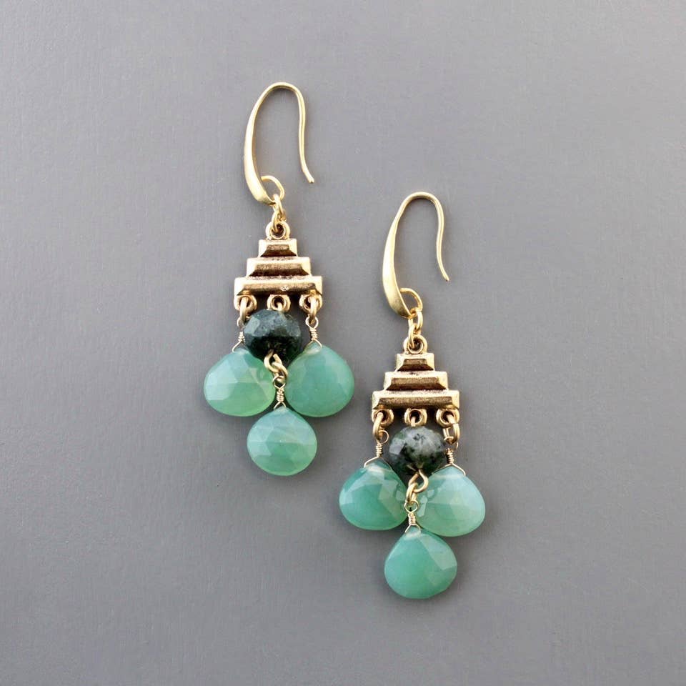 Geometric green chalcedony earrings 13