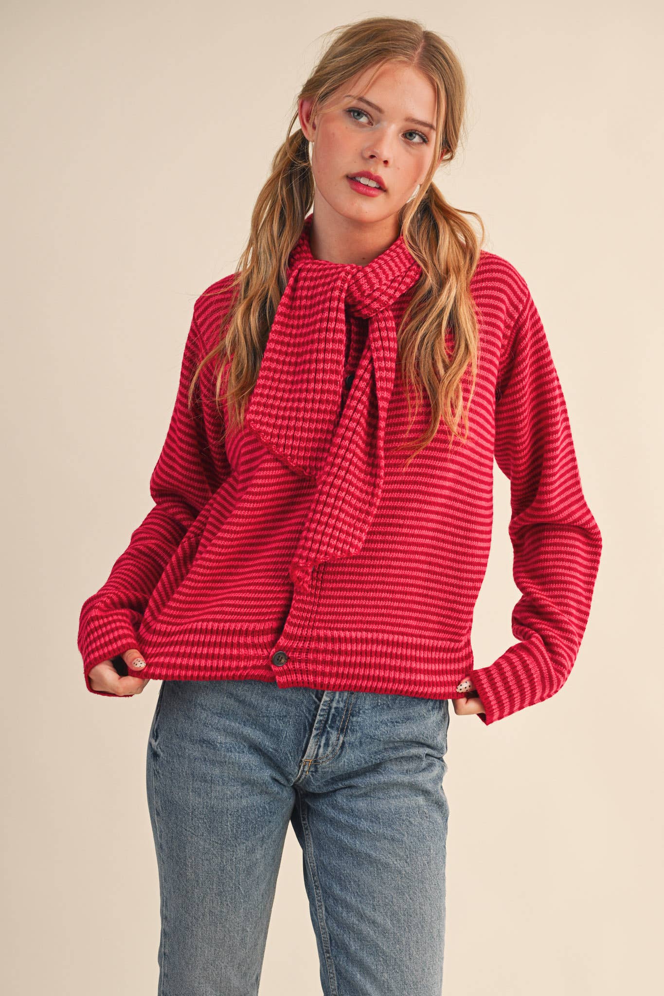 Striped Tying Neck Sweater Cardigan