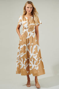 Hazel Abstract Palmer Poplin Tiered Maxi Dress