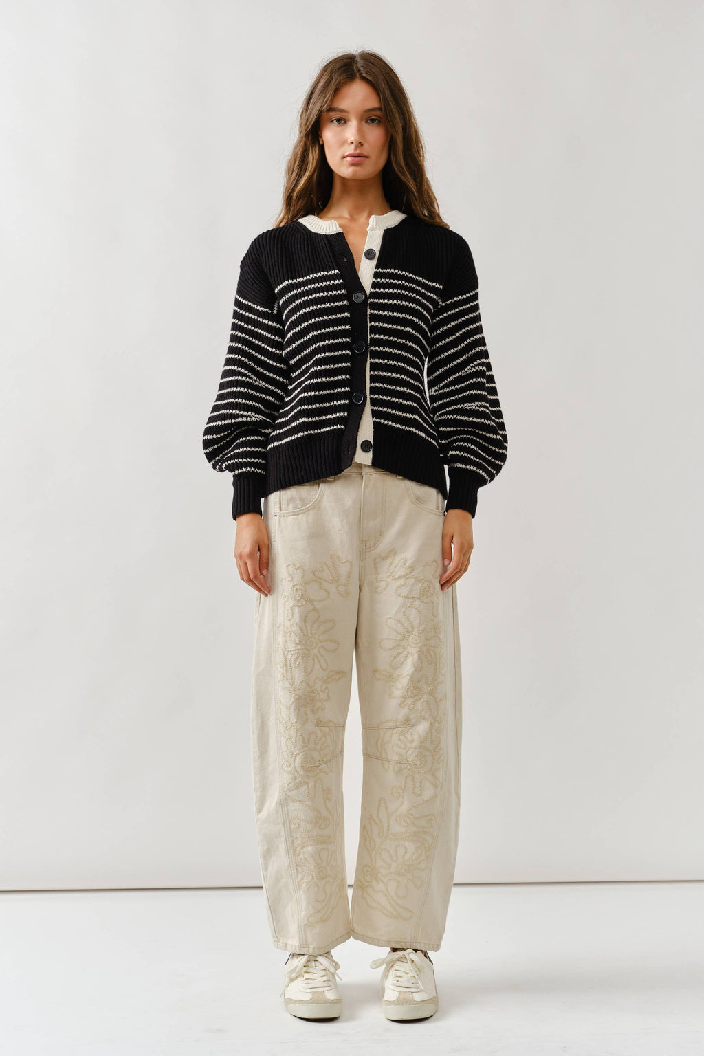 Voluminous Sleeve Stripe Cardigan