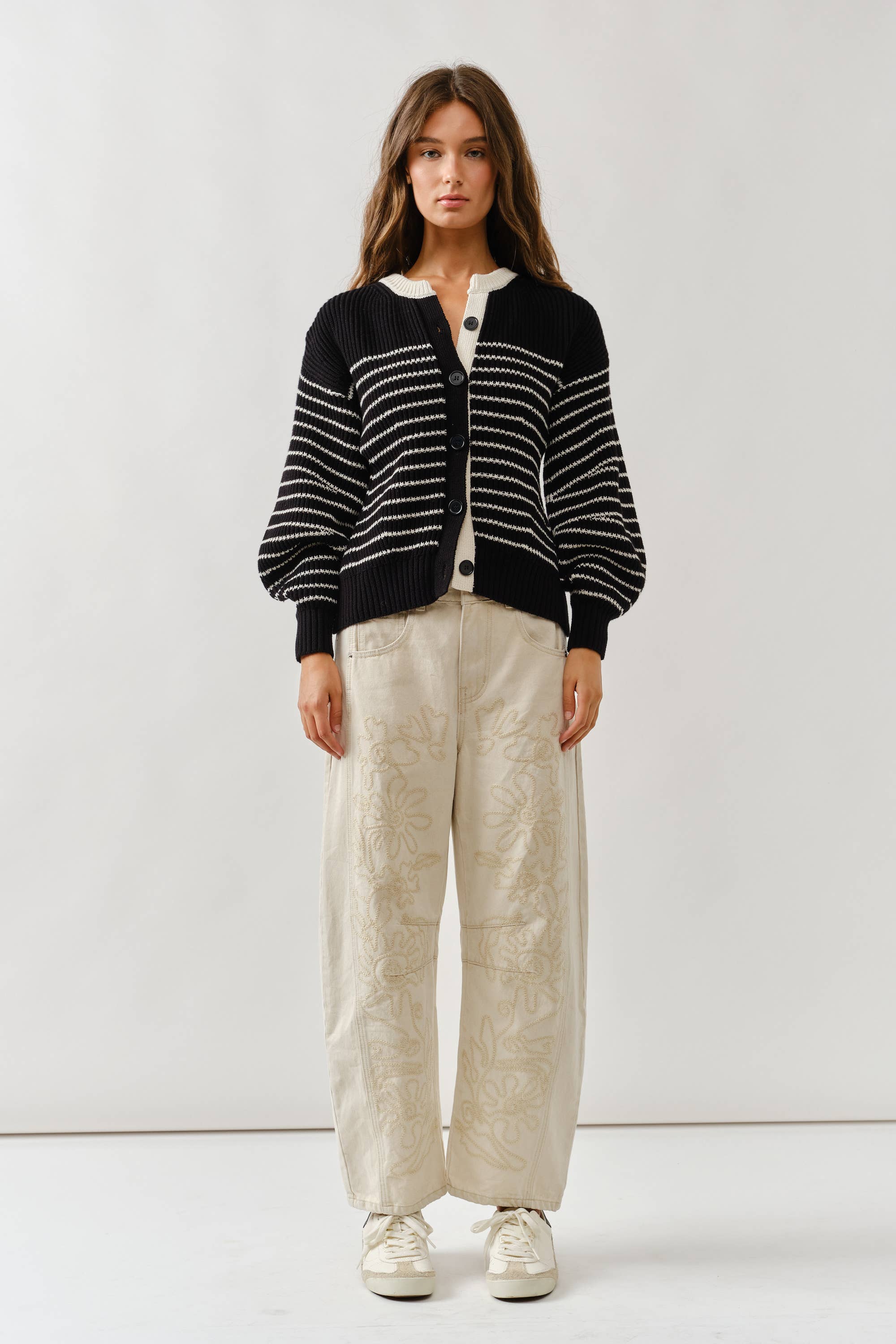 Voluminous Sleeve Stripe Cardigan