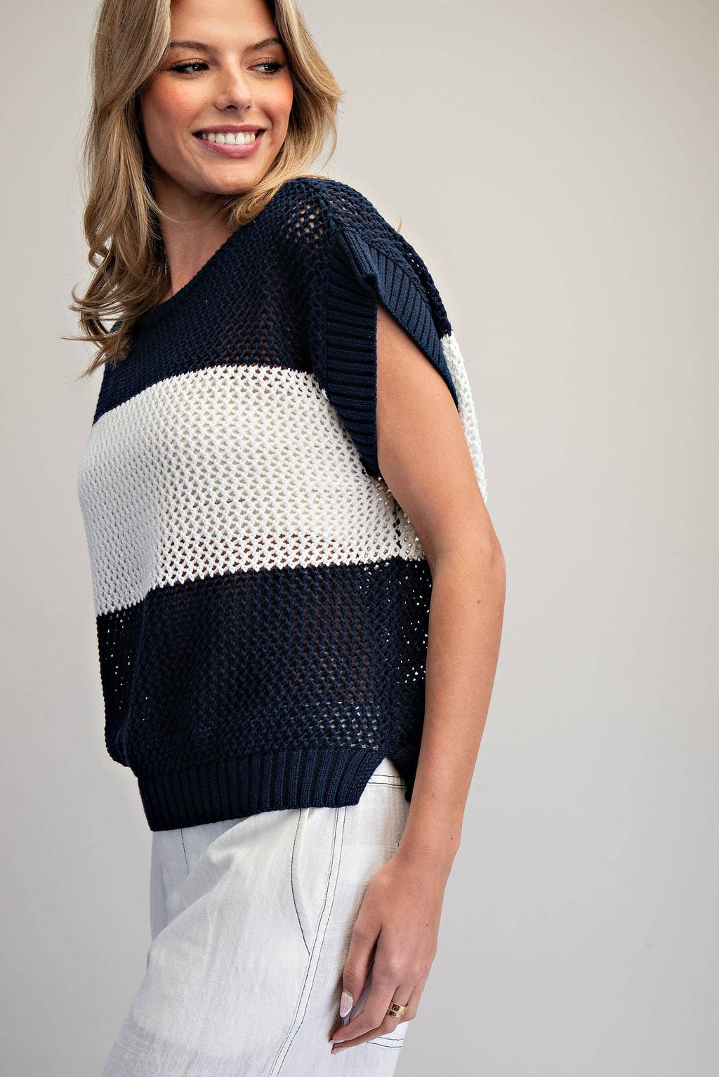 Open Knit Cap Sleeve Sweater Top
