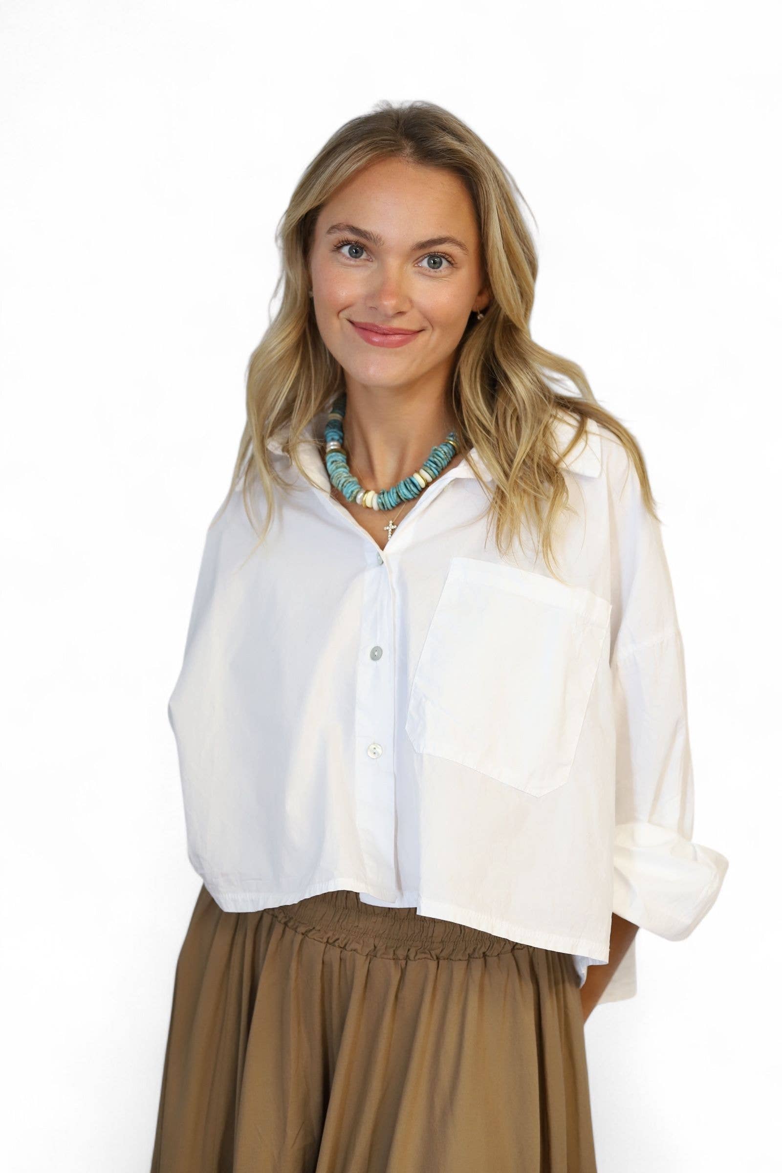 Poppy Crop Button Down - White