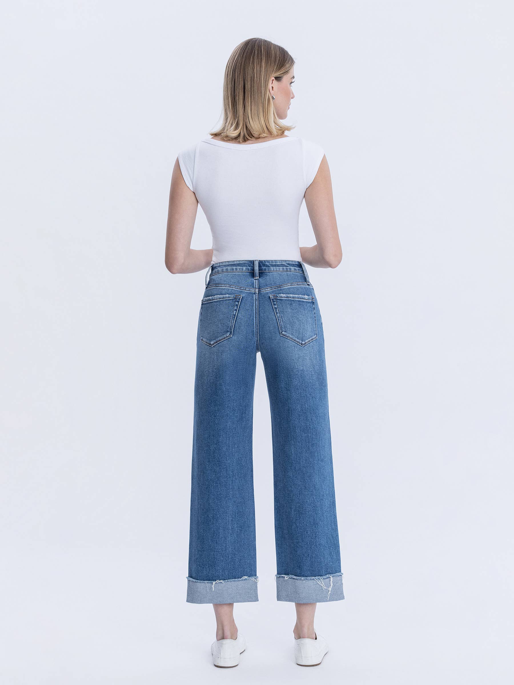 High Rise Raw Cuffed Hem Slim Wide Jeans