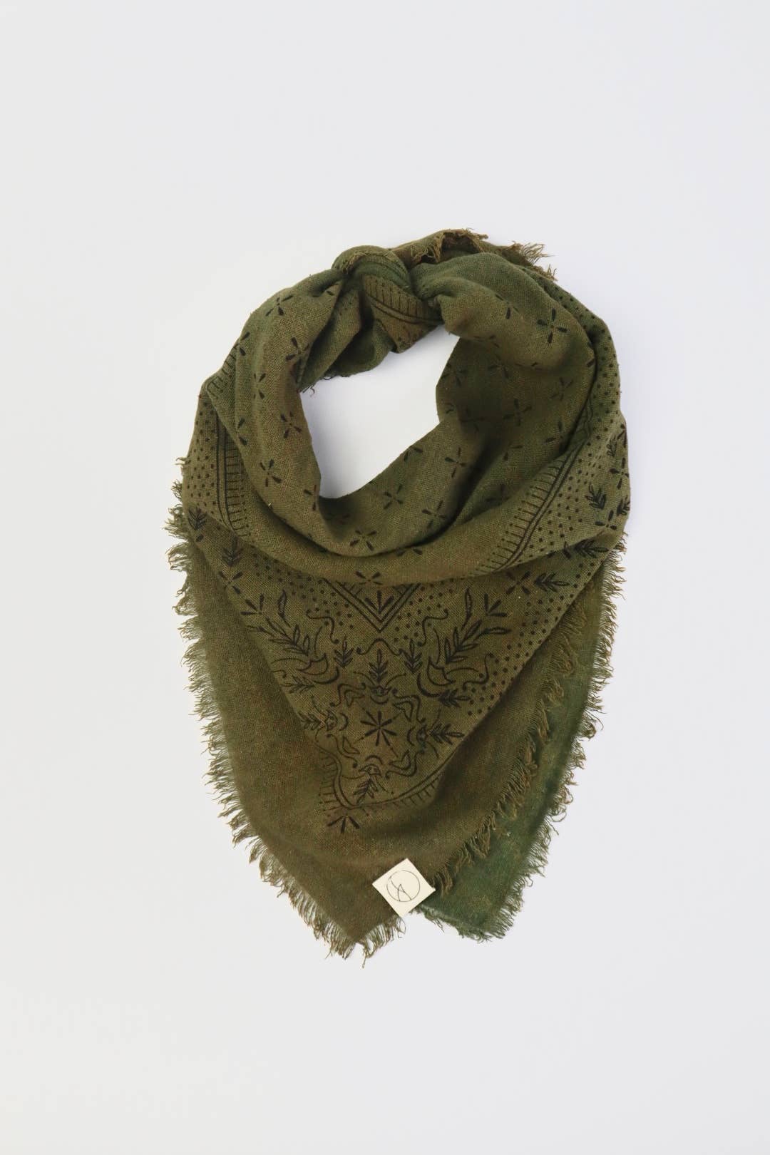 Olive Green Classic Print Naturally Dyed Bandana (black ink) G2