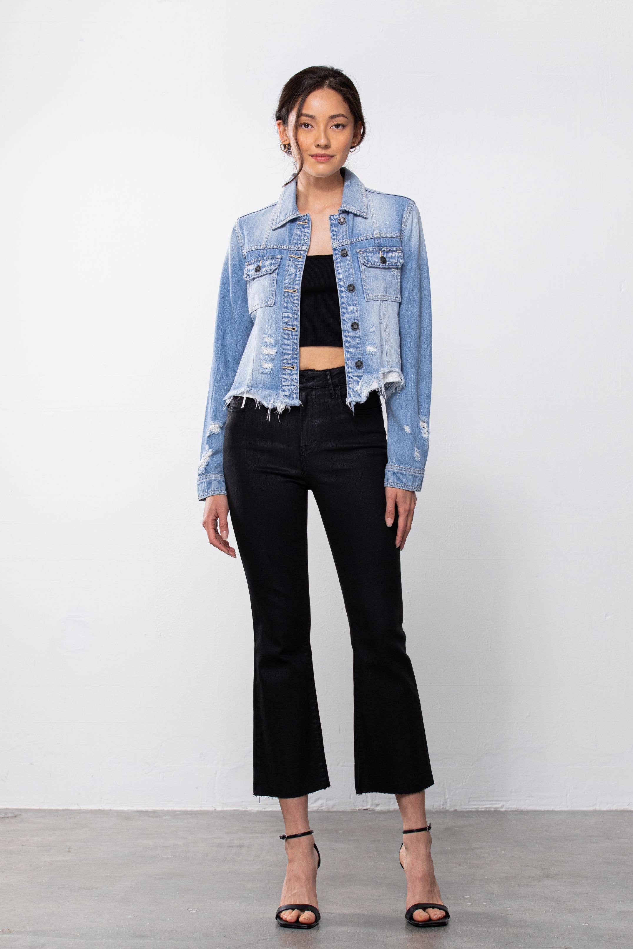 Light Wash Frayed Bottom Fitted Jacket