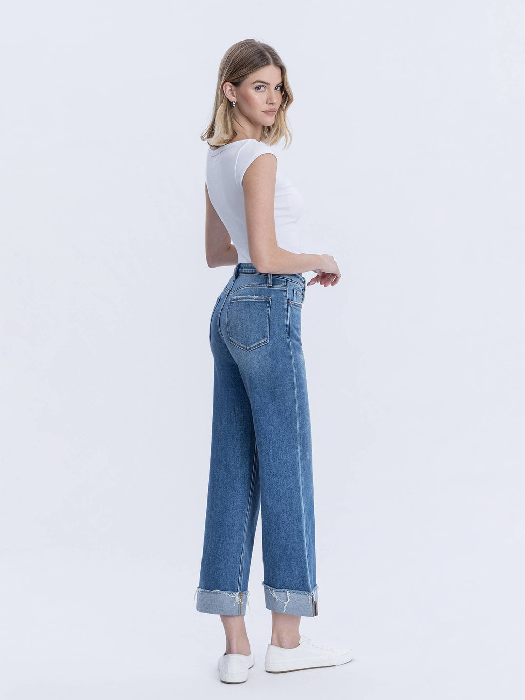 High Rise Raw Cuffed Hem Slim Wide Jeans
