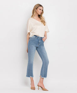 HIGH RISE FRAYED HEM CROP FLARE JEANS MERCIFUL