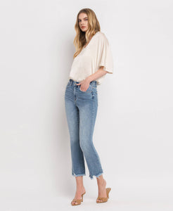 HIGH RISE FRAYED HEM CROP FLARE JEANS MERCIFUL