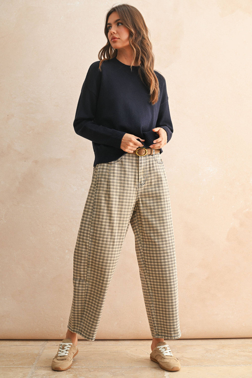 Mini Checker Pattern Barrel Pants