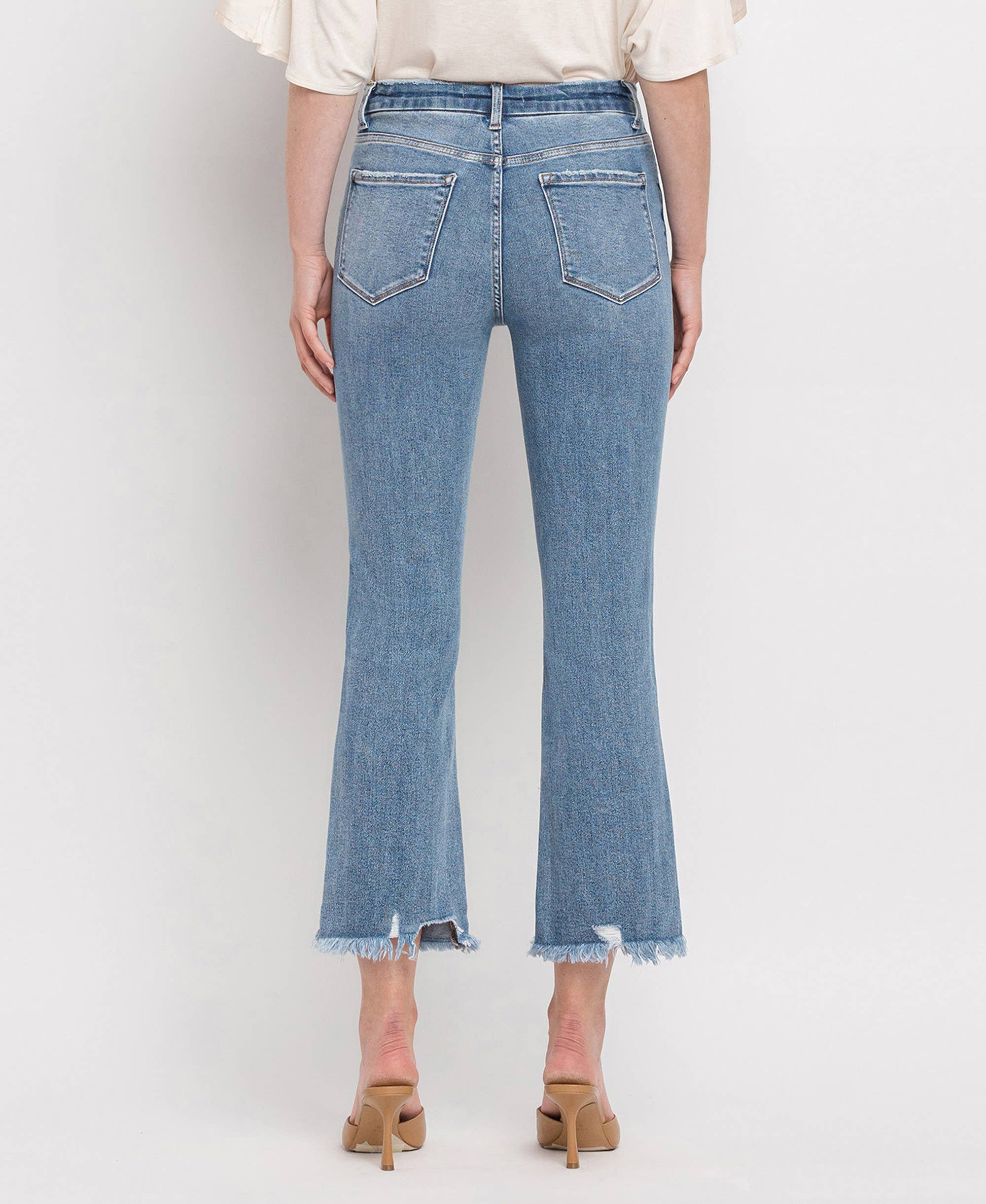 HIGH RISE FRAYED HEM CROP FLARE JEANS MERCIFUL