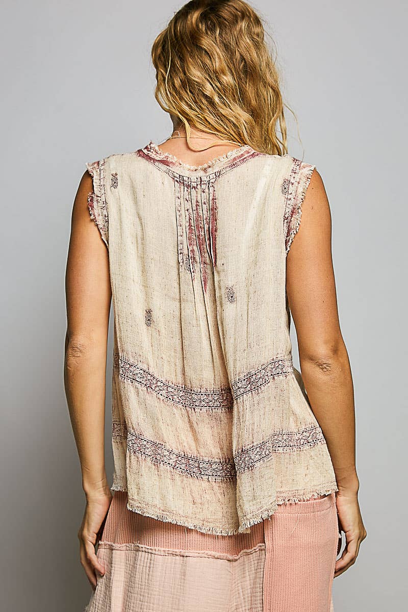 V-neck Sleeveless Lace Trim Detail Cotton Woven Top