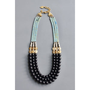 Jet glass and hematite triple strand necklace