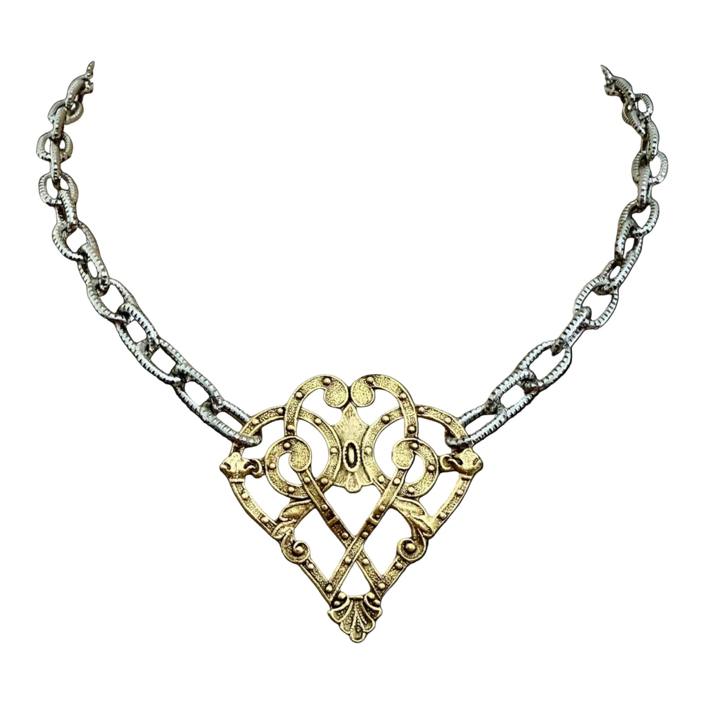 Mixed Metal Sterling and Gold Plated 17" Chain with Vintage Reproduction Scroll Heart
