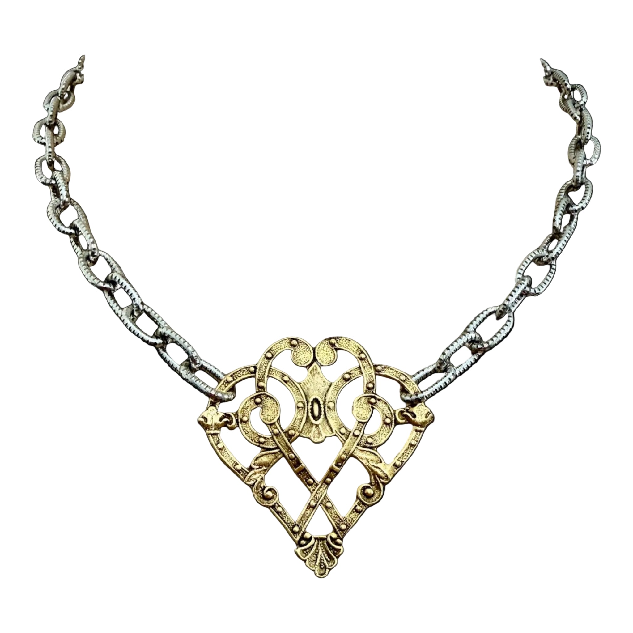 Mixed Metal Sterling and Gold Plated 17" Chain with Vintage Reproduction Scroll Heart