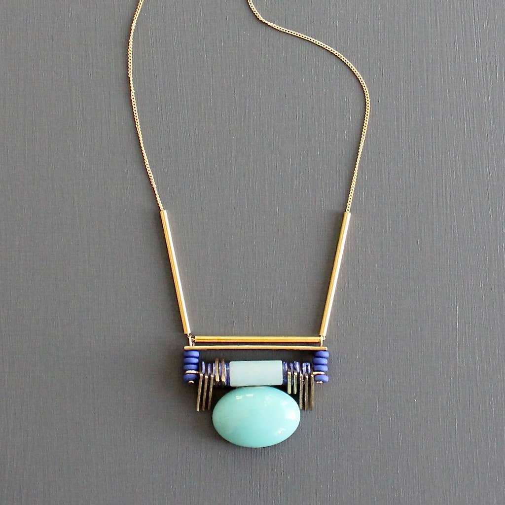 Turquoise glass and ammonite Artdeco necklace 618