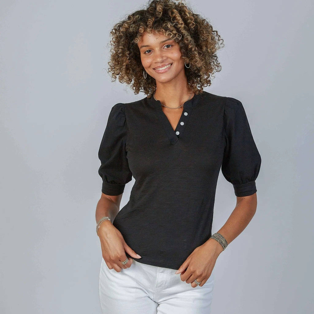 Kate Puff Sleeve V in Slub Tee