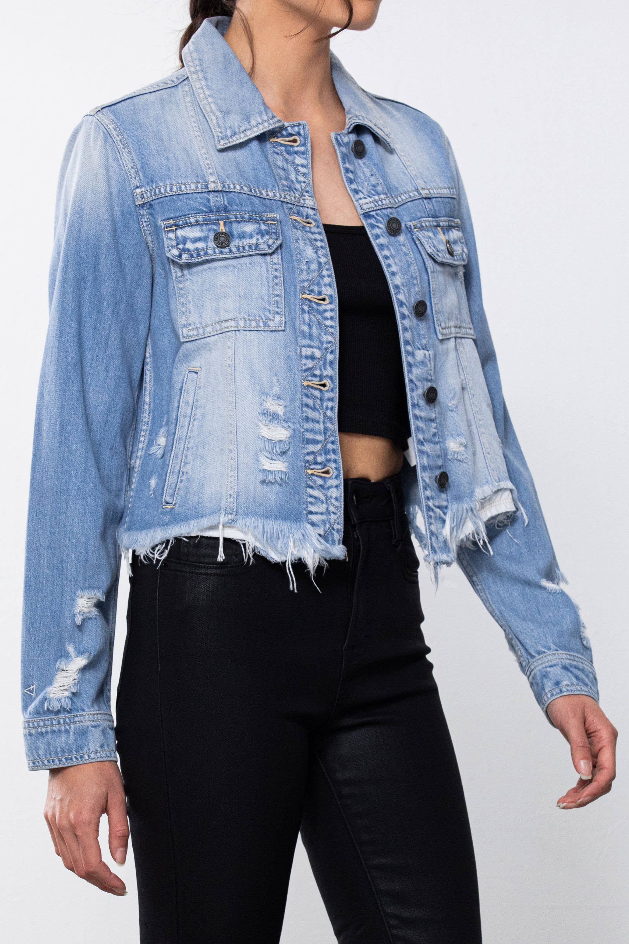 Light Wash Frayed Bottom Fitted Jacket