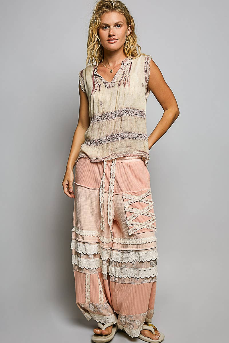 V-neck Sleeveless Lace Trim Detail Cotton Woven Top