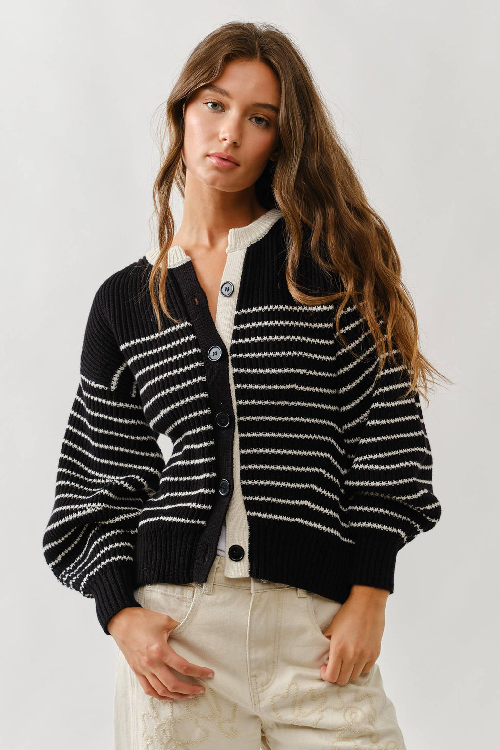 Voluminous Sleeve Stripe Cardigan
