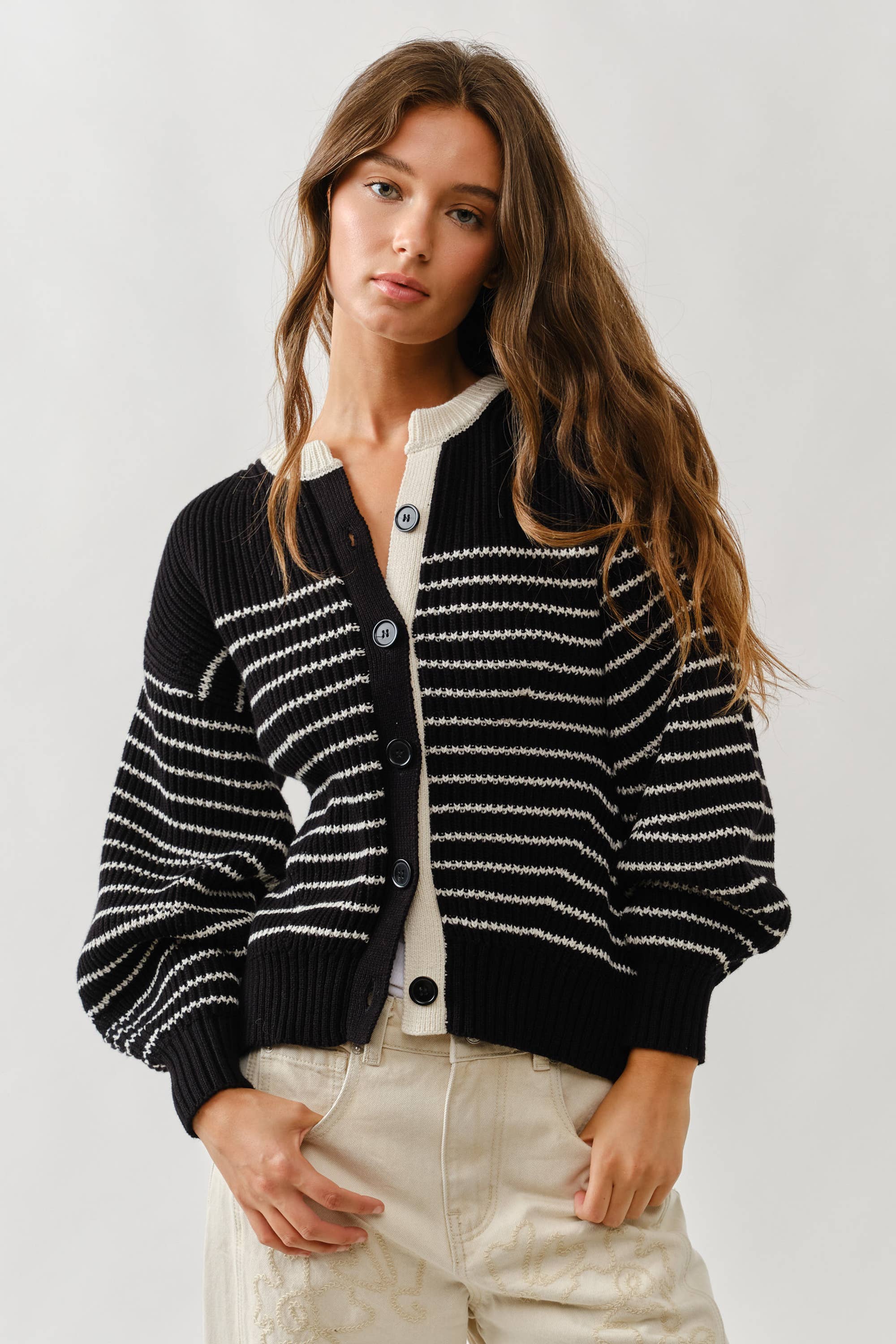 Voluminous Sleeve Stripe Cardigan