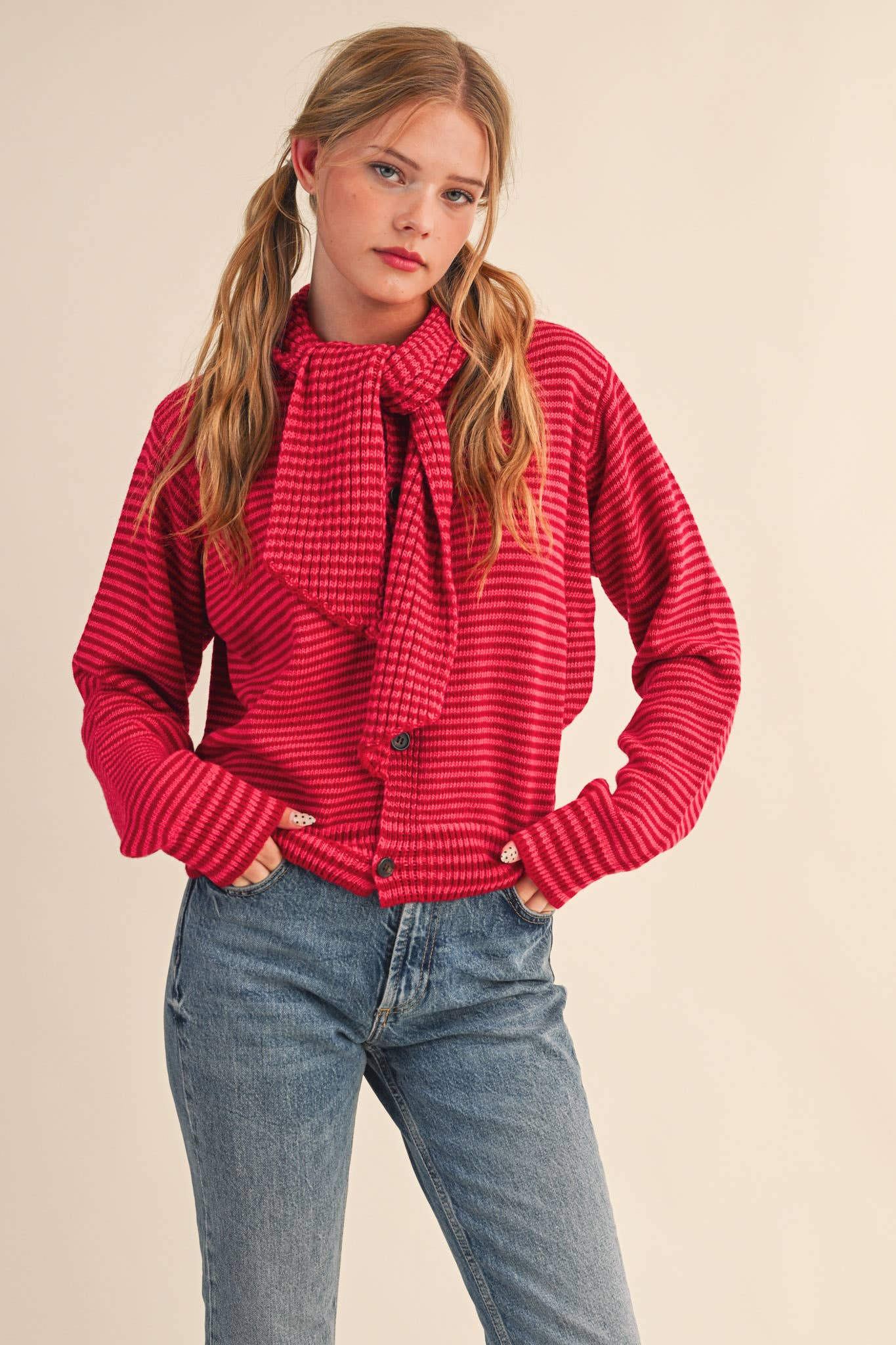 Striped Tying Neck Sweater Cardigan