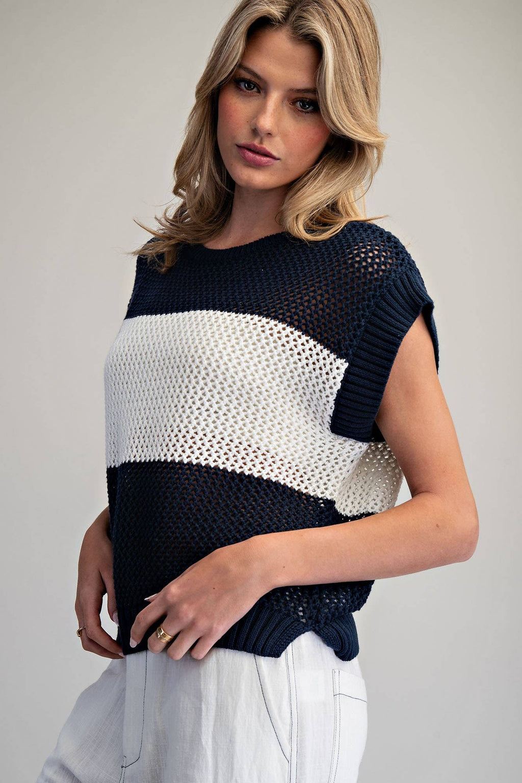 Open Knit Cap Sleeve Sweater Top